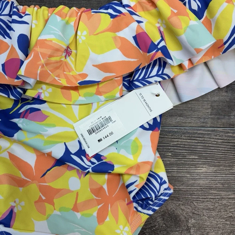NEW Janie and Jack Recycled Palm Floral Ruffle Swimsuit Sunny Yellow 12-18 Month
